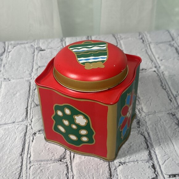 Vintage Santa Bell Poinsettia Cube Shaped Christmas metal tin 5” - Picture 12 of 13